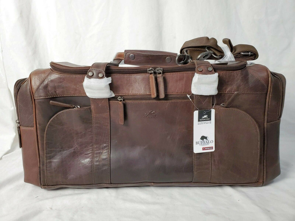 384 New Mancini Buffalo Genuine Leather Duffel Bag Brown Carry On Tra