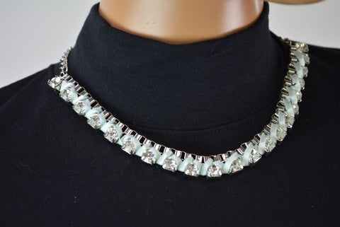 NEW Joe Fresh Women Silver Chain White Stone Ribbon Bib Necklace Fashion Jewelry