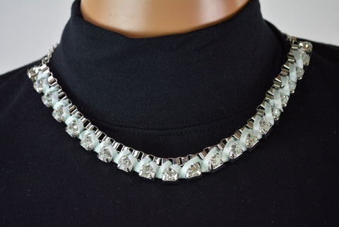 NEW Joe Fresh Women Silver Chain White Stone Ribbon Bib Necklace Fashion Jewelry