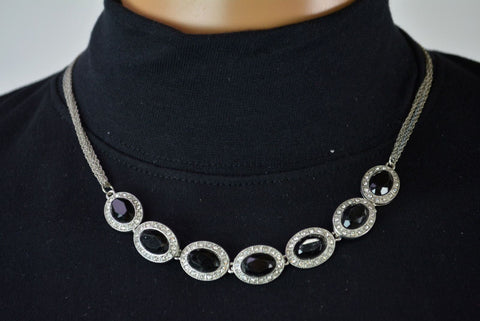 Nordstrom Joe Fresh Women's Black Cut Stone Silver Bib Necklace Fashion Jewelry - evorr.com