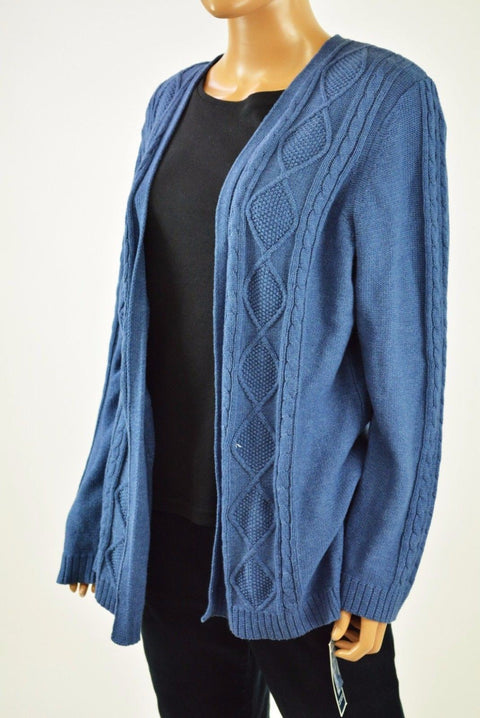 Karen Scott Women's Long-Sleeve Blue Open Front Cable-Knit Cardigan Shrug Top L