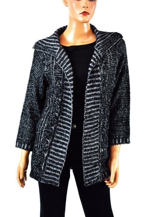 New NY Collection Women's Open Front Black Wing-Collar Knit Cardigan Shrug Top L