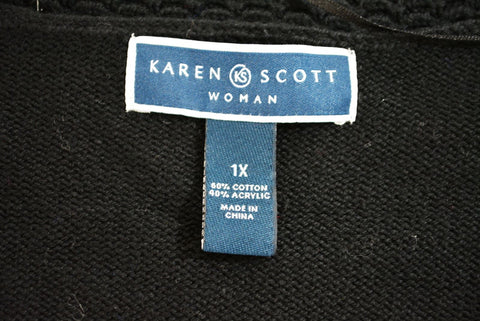 Karen Scott Womens Shawl Collar Black Open Front Knit Cardigan Shrug Top Plus 1X