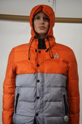New Gerry Mens Full Zip Gray Orange Color Block Hooded Down Puffer Jacket Coat M