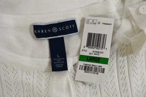 New Karen Scott Women's White Button Front Pointelle Knit Cardigan Shrug Top L
