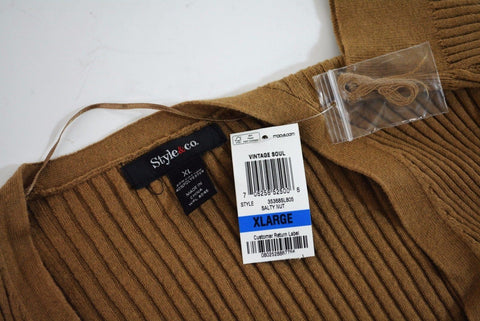 Style&Co Womens 3/4 Sleeve Brown Open Front Ribbed Knit Duster Cardigan Shrug XL - evorr.com