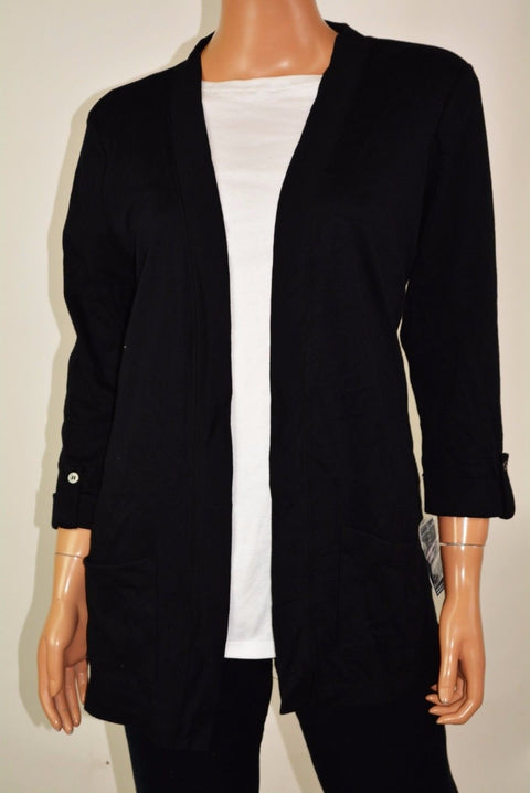 New Karen Scott Women's 3/4 Sleeves Cotton Black Open Front Cardigan Shrug Top M