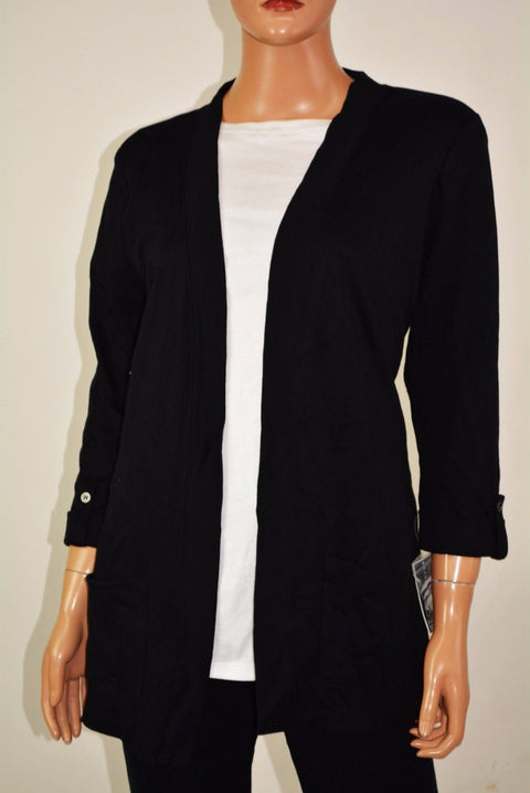New Karen Scott Women's 3/4 Sleeves Cotton Black Open Front Cardigan Shrug Top M
