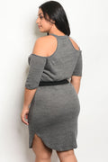 Ladies fashion plus size 3/4 sleeve Crew Neck cold shoulder ribbed bodycon dress - evorr.com