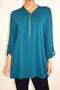 JM Collection Women Teal Blue Zip-Front Cuffed-Sleeve Stretch Tunic Blouse Top L - evorr.com