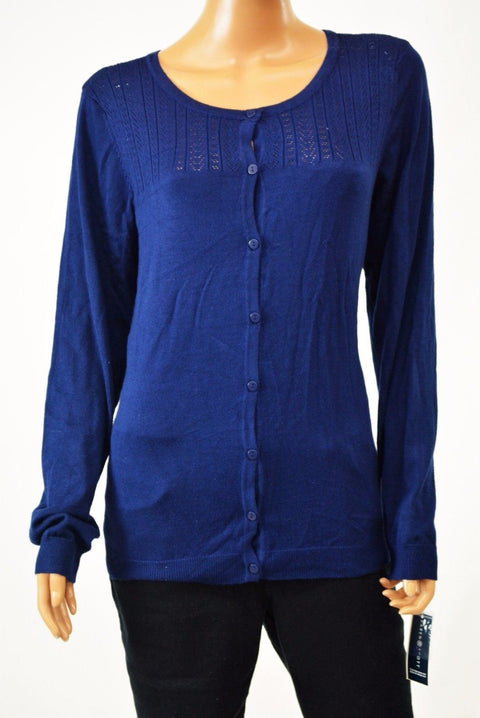 New Karen Scott Women's Blue Button Front Pointelle Knitted Cardigan Shrug Top L