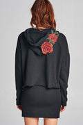 Women's Long-Sleeves Black floral patched hoodie french terry top - evorr.com