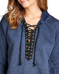 Women's Long-Sleeves Blue French terry lace up detail hoodie Blouse top - evorr.com