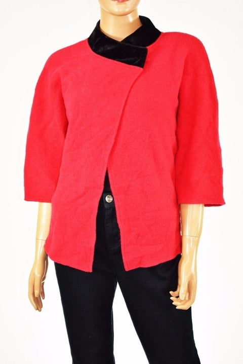 JM Collection Womens Wool Red Cross Over Velvet-Trim Cardigan Shrug Top Petite L