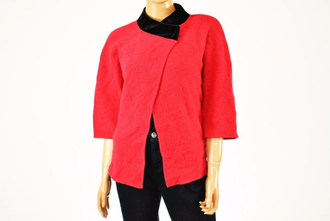 JM Collection Womens Wool Red Cross Over Velvet-Trim Cardigan Shrug Top Petite L