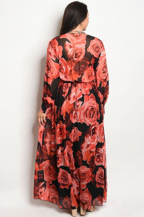 Ladies fashion plus size long sleeve printed chiffon maxi dress with a v necklin - evorr.com