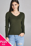 Plus size long sleeve v-neck cable knit classic sweater - evorr.com