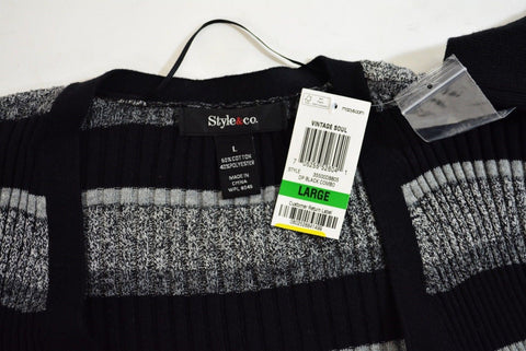 Style&Co Women's Open Front Black Striped Rib Knit Duster Cardigan Shrug Top L - evorr.com