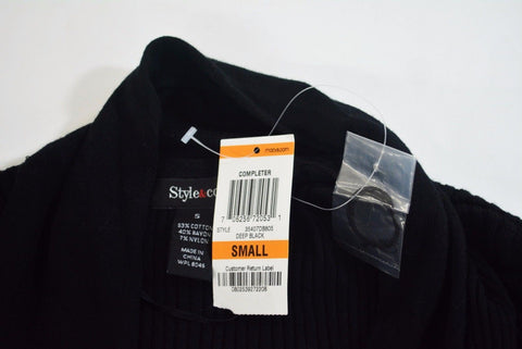 Style&Co Women's Long Sleeve Black Open Front Draped Ribbed Cardigan Shrug Top S - evorr.com