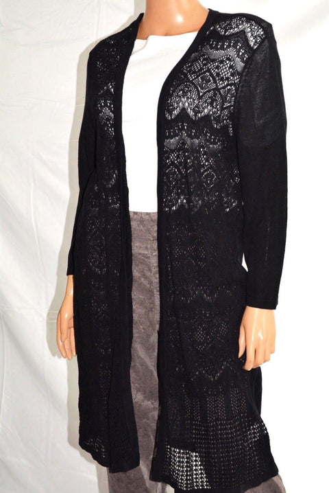 New JM Collection Women's 3/4 Sleeves Black Lace Crochet Duster Cardigan Shrug L
