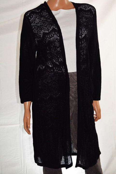 New JM Collection Women's 3/4 Sleeves Black Lace Crochet Duster Cardigan Shrug L