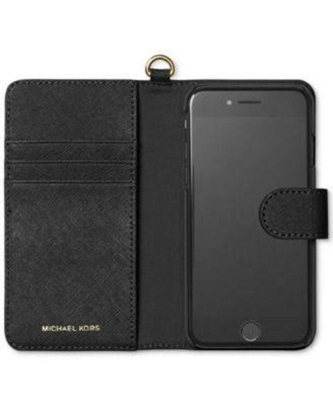 $70 NEW Michael Kors Black Gold Saffiano Leather iPhone 7 Tab Folio Phone Case