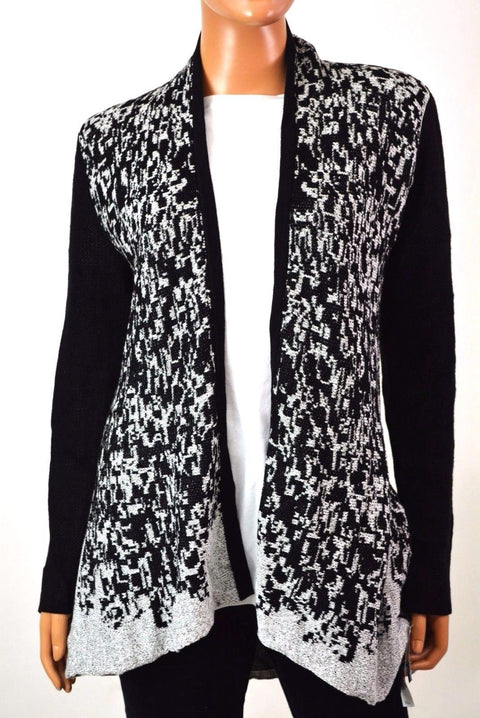 New Style&Co Women Open Front Metallic Black Geometric Knit Cardigan Shrug Top S - evorr.com