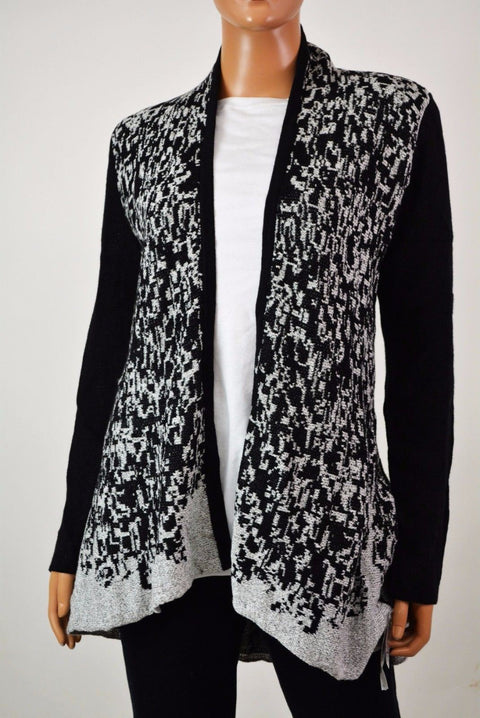 New Style&Co Women Open Front Metallic Black Geometric Knit Cardigan Shrug Top S - evorr.com