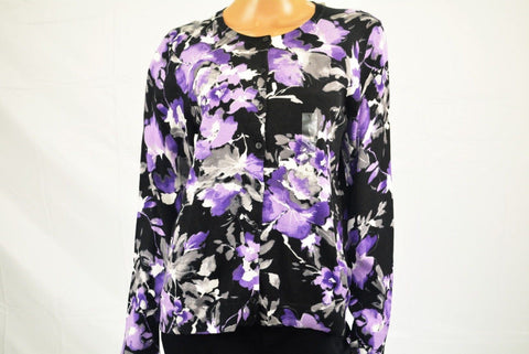 Karen Scott Women Long Sleeve Purple Floral Printed Button Down Cardigan Shrug M