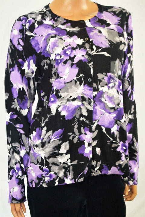 Karen Scott Women Long Sleeve Purple Floral Printed Button Down Cardigan Shrug M
