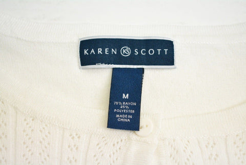 Karen Scott Women's Long Sleeve Button Down White Crochet Trim Cardigan Shrug M