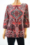 Charter Club Women's 3/4-Sleeve Red Printed Stretch Boat-Neck Blouse Top Plus 1X