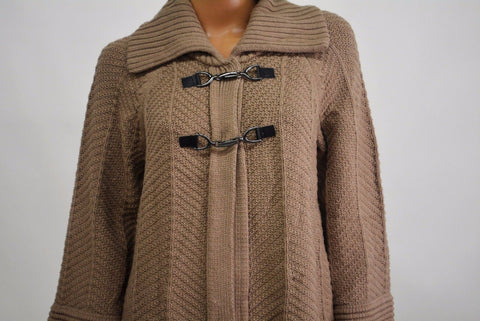 JM Collection Women Wing-Collar Buckled 3/4 Sleeve Brown Knit Cardigan Sweater M