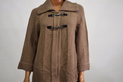 JM Collection Women Wing-Collar Buckled 3/4 Sleeve Brown Knit Cardigan Sweater M