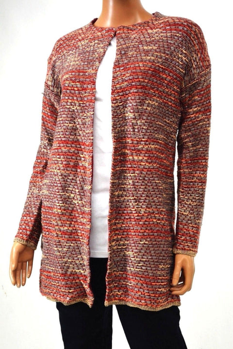 Cable Gauge Women Metallic Orange Open Front Striped Cardigan Sweater Coat Top M