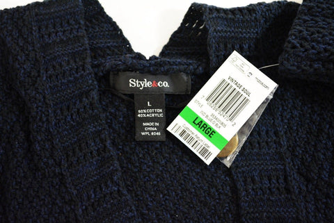 New Style&Co Women's Blue Black Button Cuff Open Front Knit Cardigan Shrug Top L - evorr.com