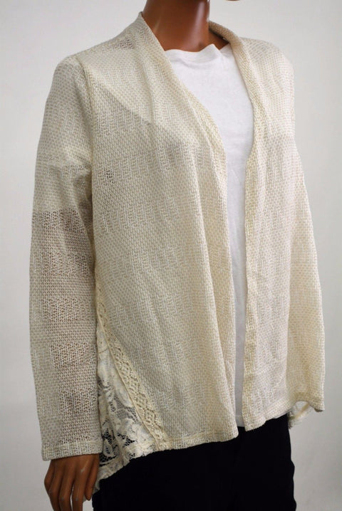 Style&Co Women's Stretch Ivory Open Front Lace Inset Sheer Cardigan Shrug Top L - evorr.com