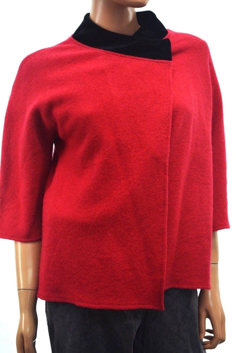 JM Collection Womens Wool Red Cross Over Velvet Trim Cardigan Shrug Top Petite L
