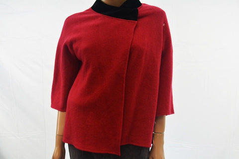 JM Collection Womens Wool Red Cross Over Velvet Trim Cardigan Shrug Top Petite L