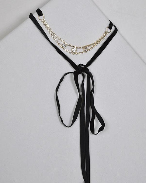 Layered Rhinestone Studded Pendant and Tie Up Pattern Choker Necklace - evorr.com