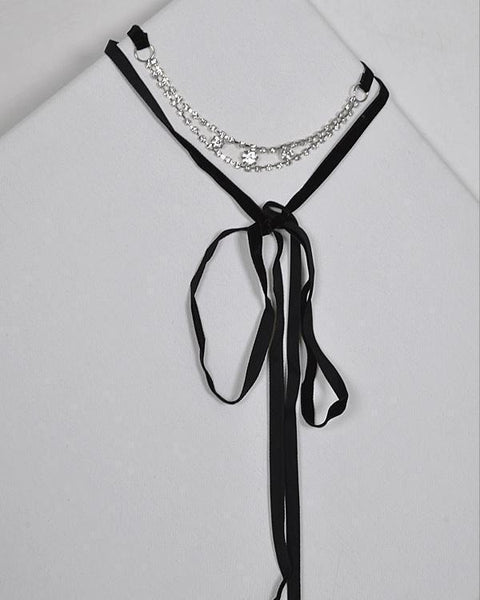 Layered Rhinestone Studded Pendant and Tie Up Pattern Choker Necklace - evorr.com