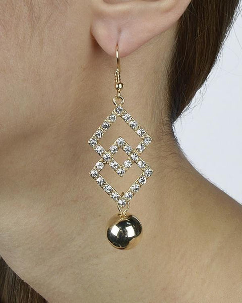 Rhinestone Intertwined Diamond Shape Danglers with Metallic Bead - evorr.com