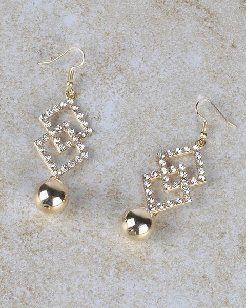 Rhinestone Intertwined Diamond Shape Danglers with Metallic Bead - evorr.com
