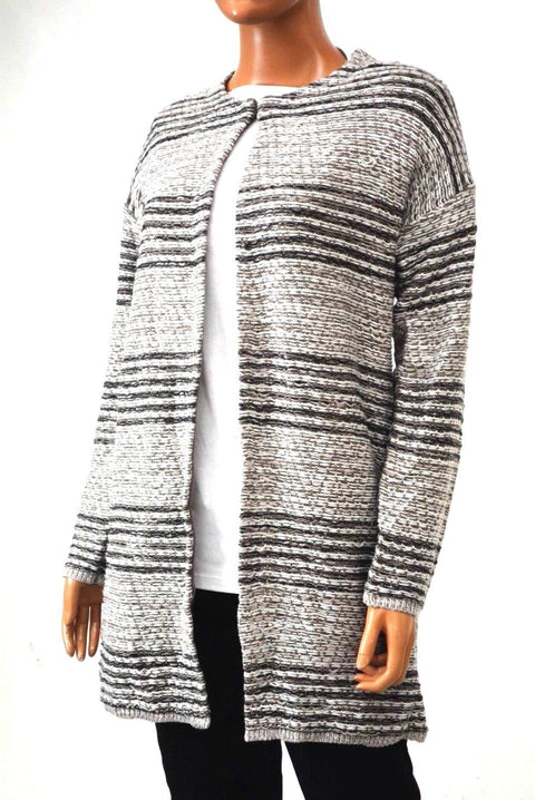 Cable Gauge Women's Metallic Gray Open-Front Striped Cardigan Sweater Coat Top M