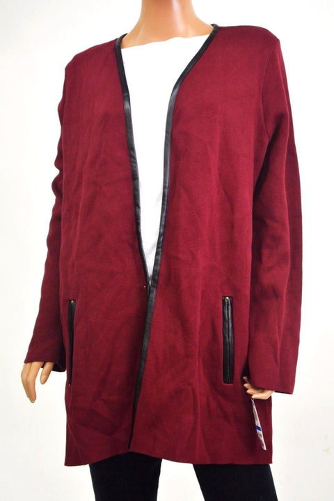 Charter Club Women Open-Front Red Faux Leather Trim Cardigan Duster Shrug Top L