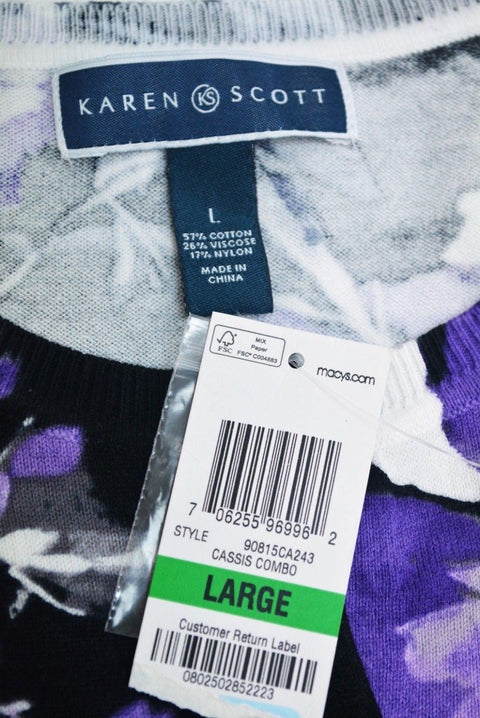 Karen Scott Women Long-Sleeves Purple Floral-Print Button Down Cardigan Shrug L