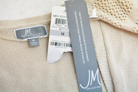 $59 JM Collection Women's 3/4-Sleeves Beige Open-Knit Cardigan Shrug Top Plus 1X