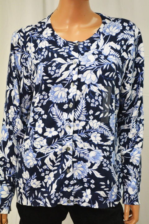 Karen Scott Women's Long Sleeve Blue Printed Button Down Cardigan Top Large  L