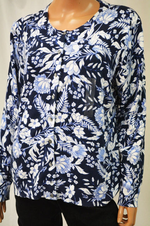 Karen Scott Women's Long Sleeve Blue Printed Button Down Cardigan Top Large  L