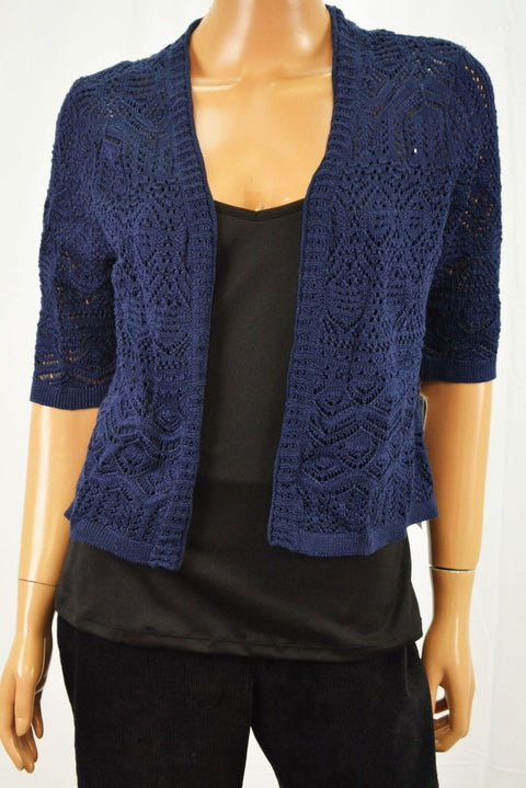 JM Collection Women's Blue Open-Front Crochet Knit Cardigan Medium M